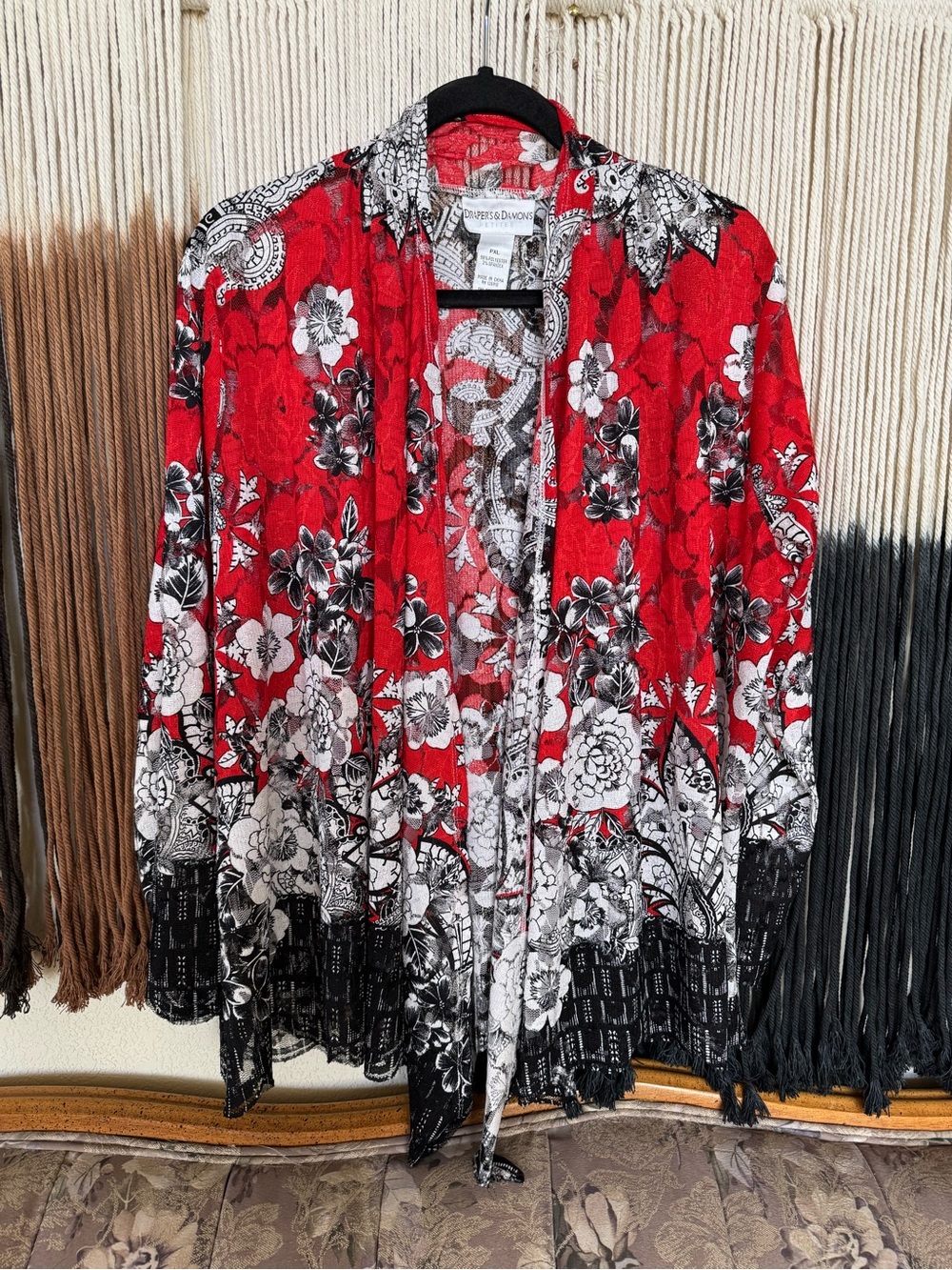 Red, black + white Draper’s & Damon’s sheer long sleeve floral cardigan